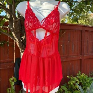 Red lace and mesh nighty with garter hooks and panty